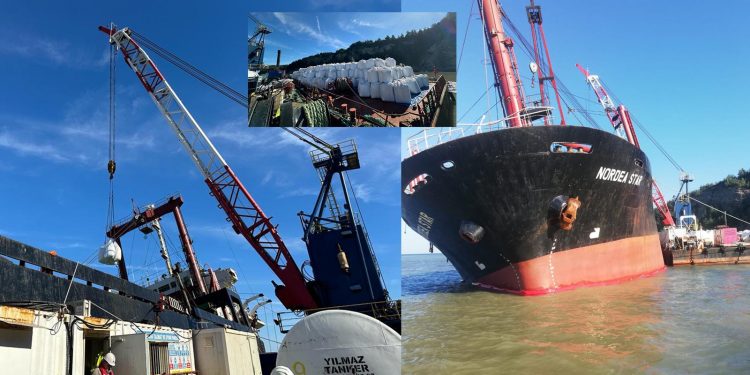 Karaya oturan geminin yükü boşaltılmaya başlandı