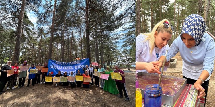Özel bireyler ile anneleri, doğada ebru yaparak stres attı